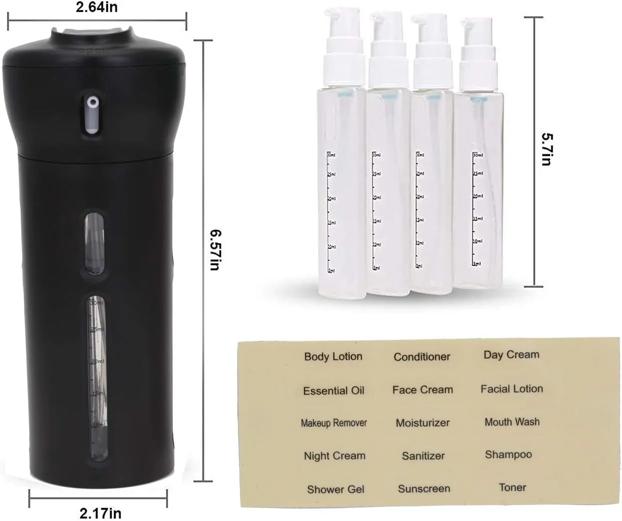 Travigo 4-in-1 Travel Bottle Dispenser, TSA Approved,Includes Four Empty Reusable 1.4 oz. (40 mL) Cosmetic Toiletry Containers for Sanitizer, Soap, Lotions, Skincare, Makeup Products (Black Pink)