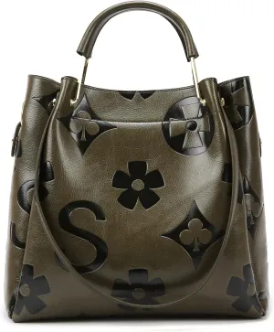 Travistar Floral Handbags Purses Women - Embossed Leather Top Handle Handbag Set Large Shoulder Bag Ladies Bucket Hobo Tote