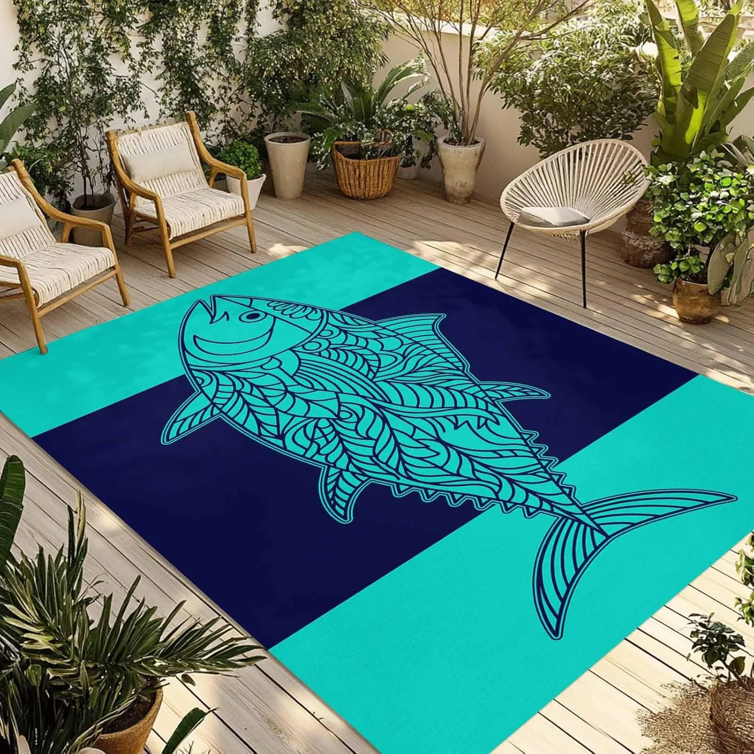 Tropical Fish Outdoor Rug 4x6ft Large Patio Rug,Washable RV Camping Outside Area Runner Rug Mat,Mandalas Boho Modern Green Abstract Stripe Carpet for Picnic Backyard Deck Porch Balcony Beach & Indoor