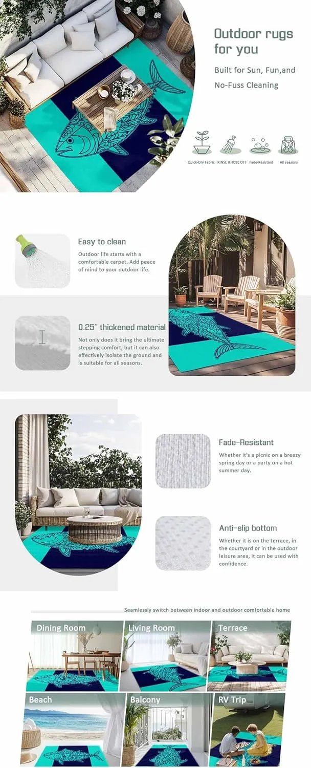 Tropical Fish Outdoor Rug 4x6ft Large Patio Rug,Washable RV Camping Outside Area Runner Rug Mat,Mandalas Boho Modern Green Abstract Stripe Carpet for Picnic Backyard Deck Porch Balcony Beach & Indoor