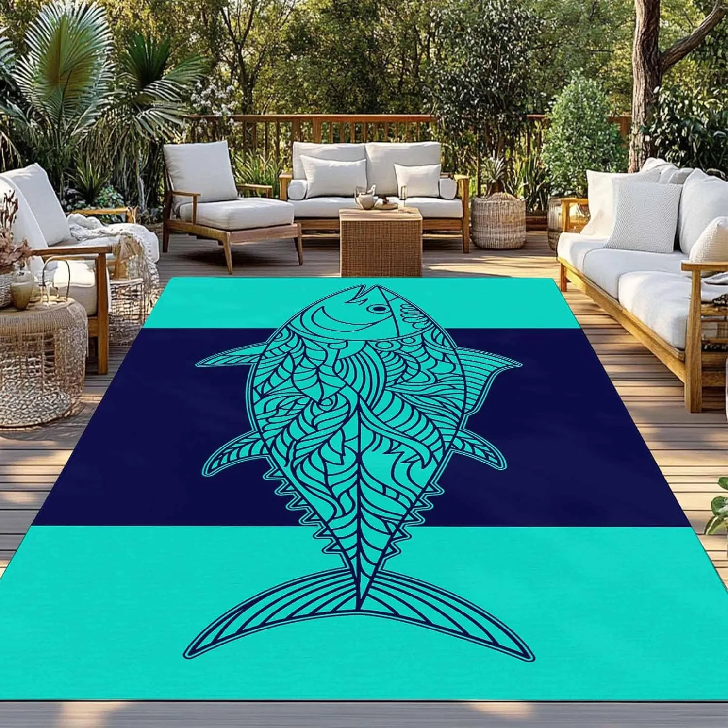 Tropical Fish Outdoor Rug 4x6ft Large Patio Rug,Washable RV Camping Outside Area Runner Rug Mat,Mandalas Boho Modern Green Abstract Stripe Carpet for Picnic Backyard Deck Porch Balcony Beach & Indoor