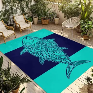 Tropical Fish Outdoor Rug 4x6ft Large Patio Rug,Washable RV Camping Outside Area Runner Rug Mat,Mandalas Boho Modern Green Abstract Stripe Carpet for Picnic Backyard Deck Porch Balcony Beach & Indoor