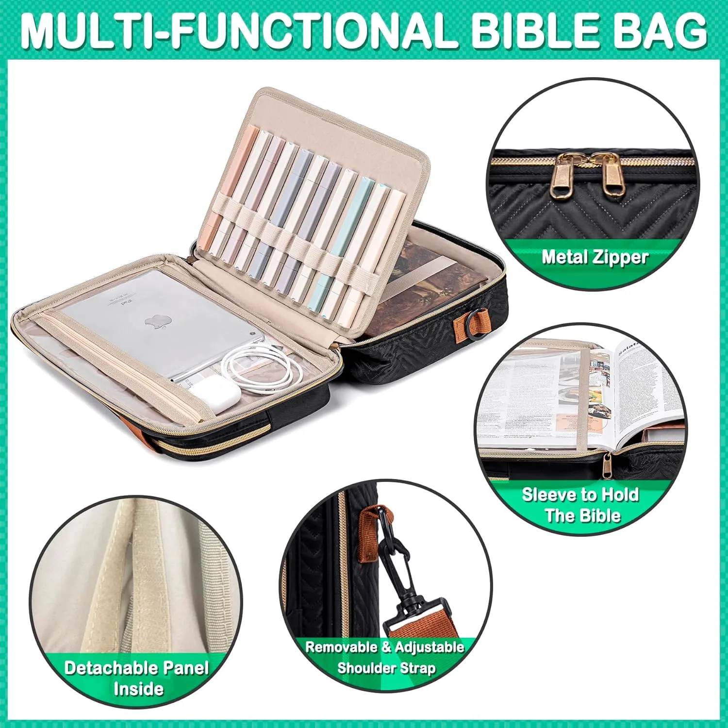 TuErCao Bible Cover Case for Women Men Study Supplies Bag Christian Catholic Spiritual Gifts Accessories with Shoulder Strap and Detachable Pen Highlighters Slots