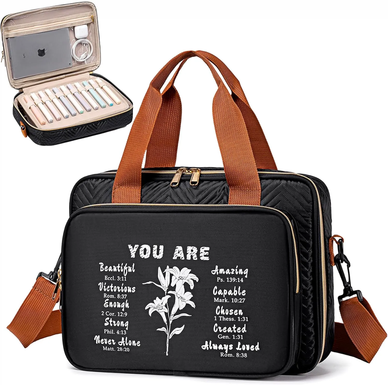 TuErCao Bible Cover Case for Women Men Study Supplies Bag Christian Catholic Spiritual Gifts Accessories with Shoulder Strap and Detachable Pen Highlighters Slots