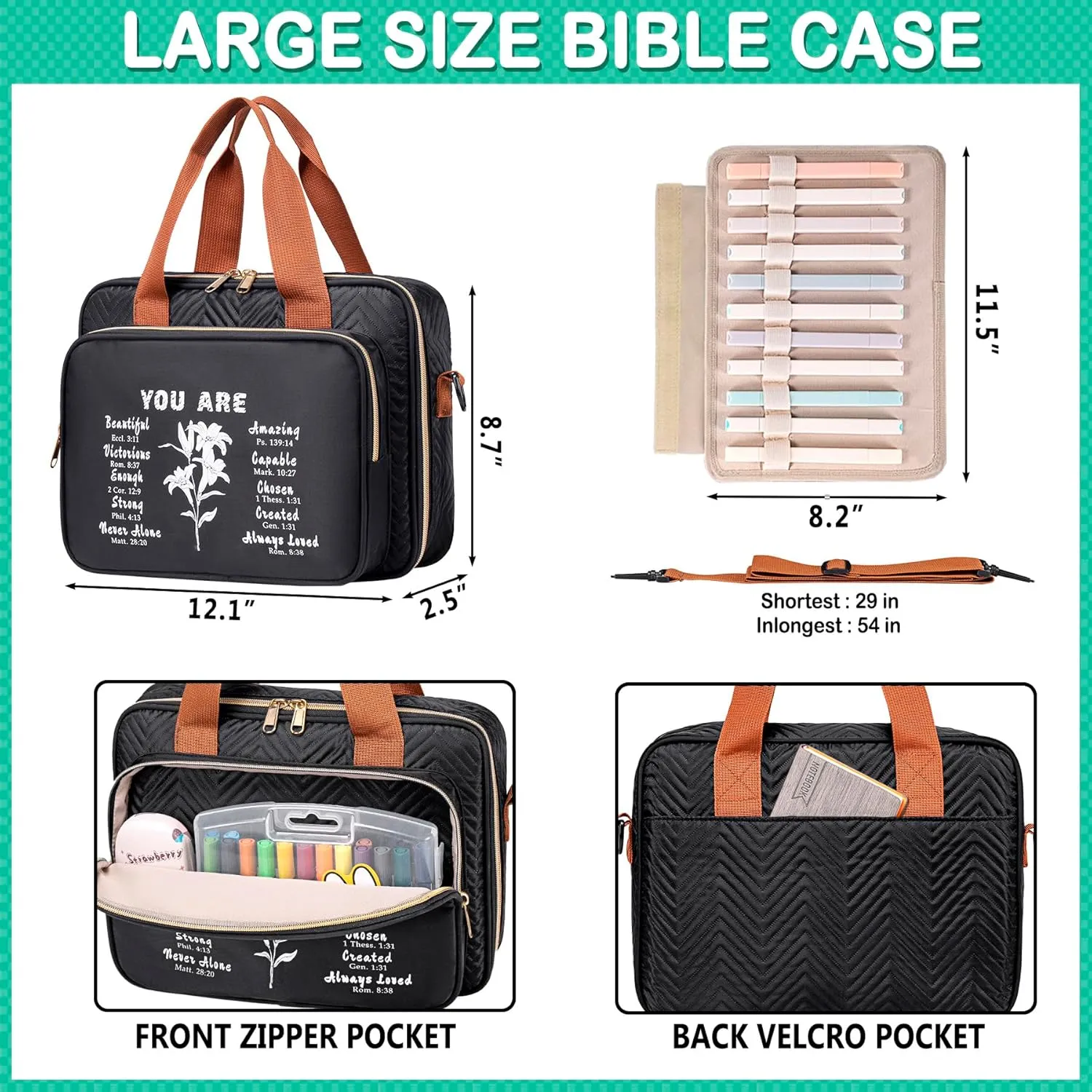 TuErCao Bible Cover Case for Women Men Study Supplies Bag Christian Catholic Spiritual Gifts Accessories with Shoulder Strap and Detachable Pen Highlighters Slots