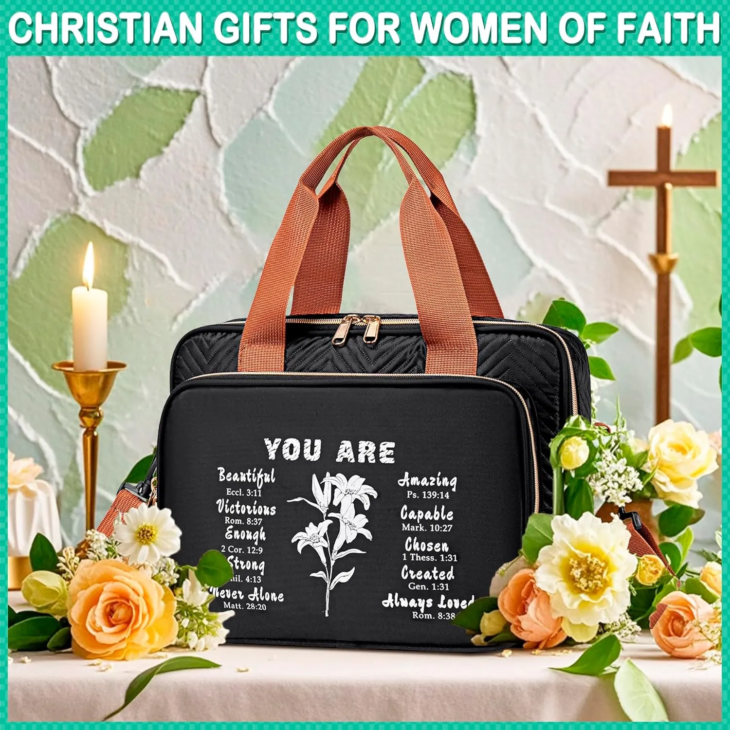 TuErCao Bible Cover Case for Women Men Study Supplies Bag Christian Catholic Spiritual Gifts Accessories with Shoulder Strap and Detachable Pen Highlighters Slots