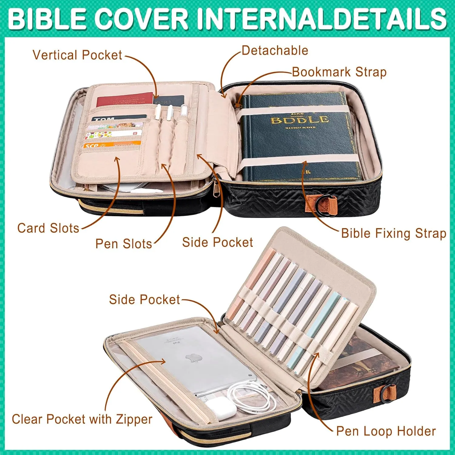 TuErCao Bible Cover Case for Women Men Study Supplies Bag Christian Catholic Spiritual Gifts Accessories with Shoulder Strap and Detachable Pen Highlighters Slots