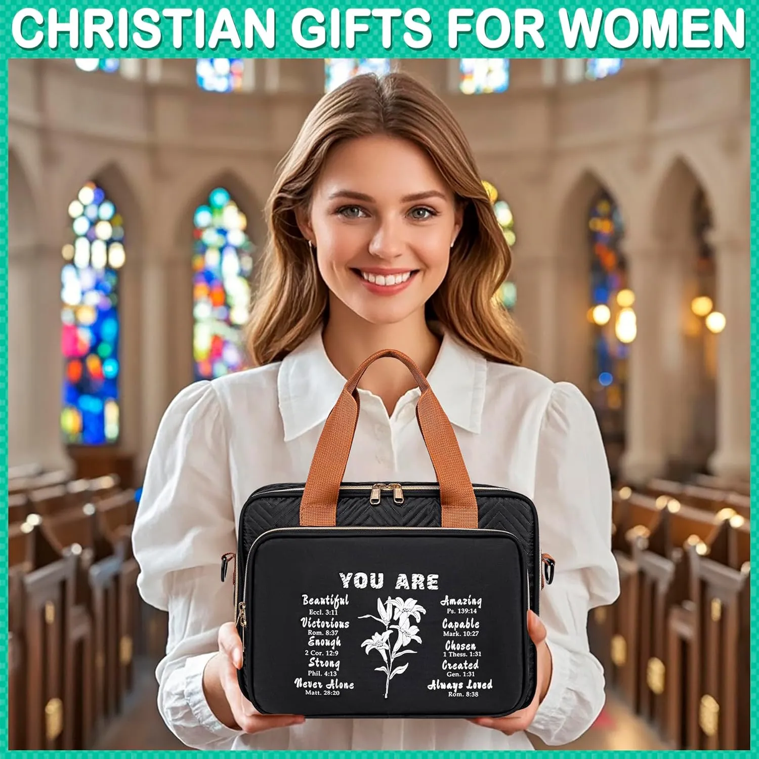 TuErCao Bible Cover Case for Women Men Study Supplies Bag Christian Catholic Spiritual Gifts Accessories with Shoulder Strap and Detachable Pen Highlighters Slots