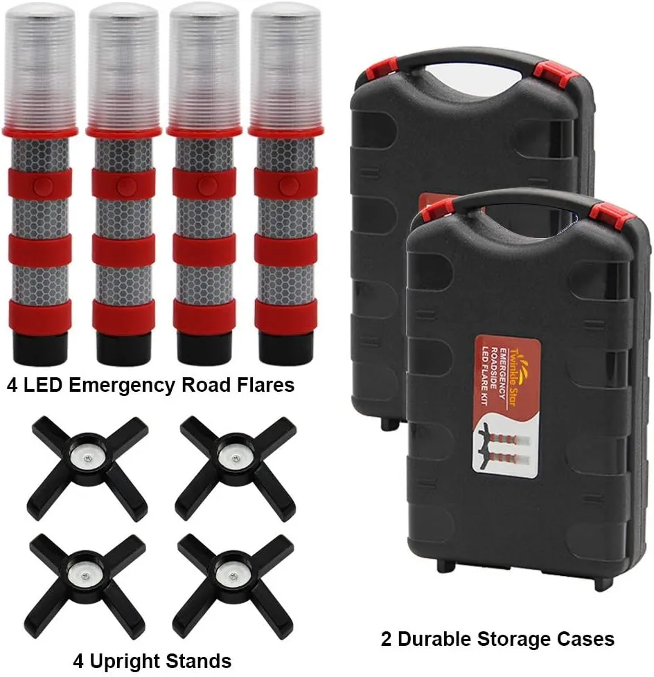 Twinkle Star Emergency Roadside Flares Kit LED Safety Strobe Road Warning Light Highway Beacon Alert Flare with Magnetic Base, Detachable Stand, Solid Storage Case (Set of 4)