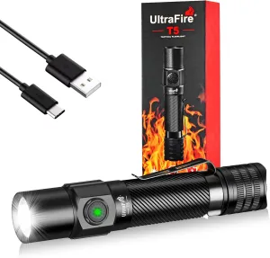 ULTRAFIRE Rechargeable Tactical Flashlight, 1800 High Lumen Police Flashlight with Dual Switch, Super Bright Small EDC Flashlight, LED Pocket Torch for Outdoor and Indoor Activities T5
