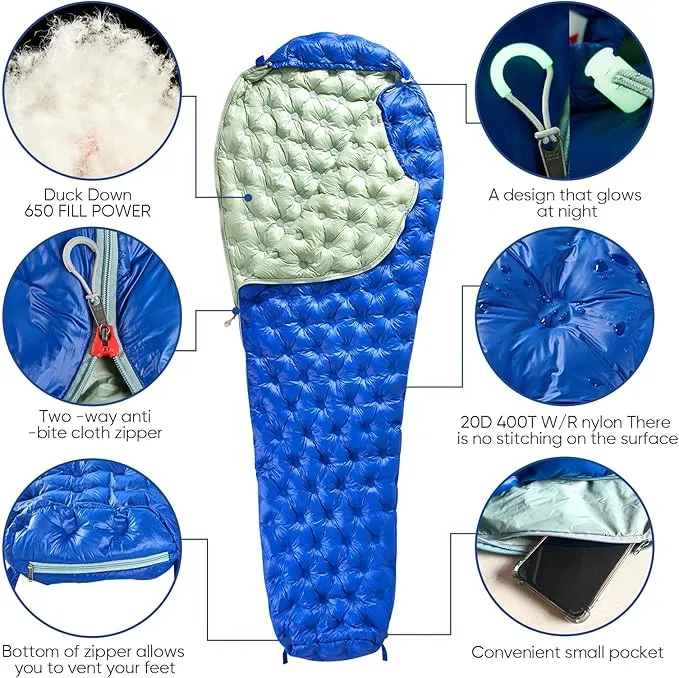 Ultralight Down Sleeping Bag for Adults, 32-55F 3 Season 650 Fill Down, Lightweight Compact Mummy Backpacking Sleeping Bag for Outdoor Camping and Hiking, Compressible -MFH500