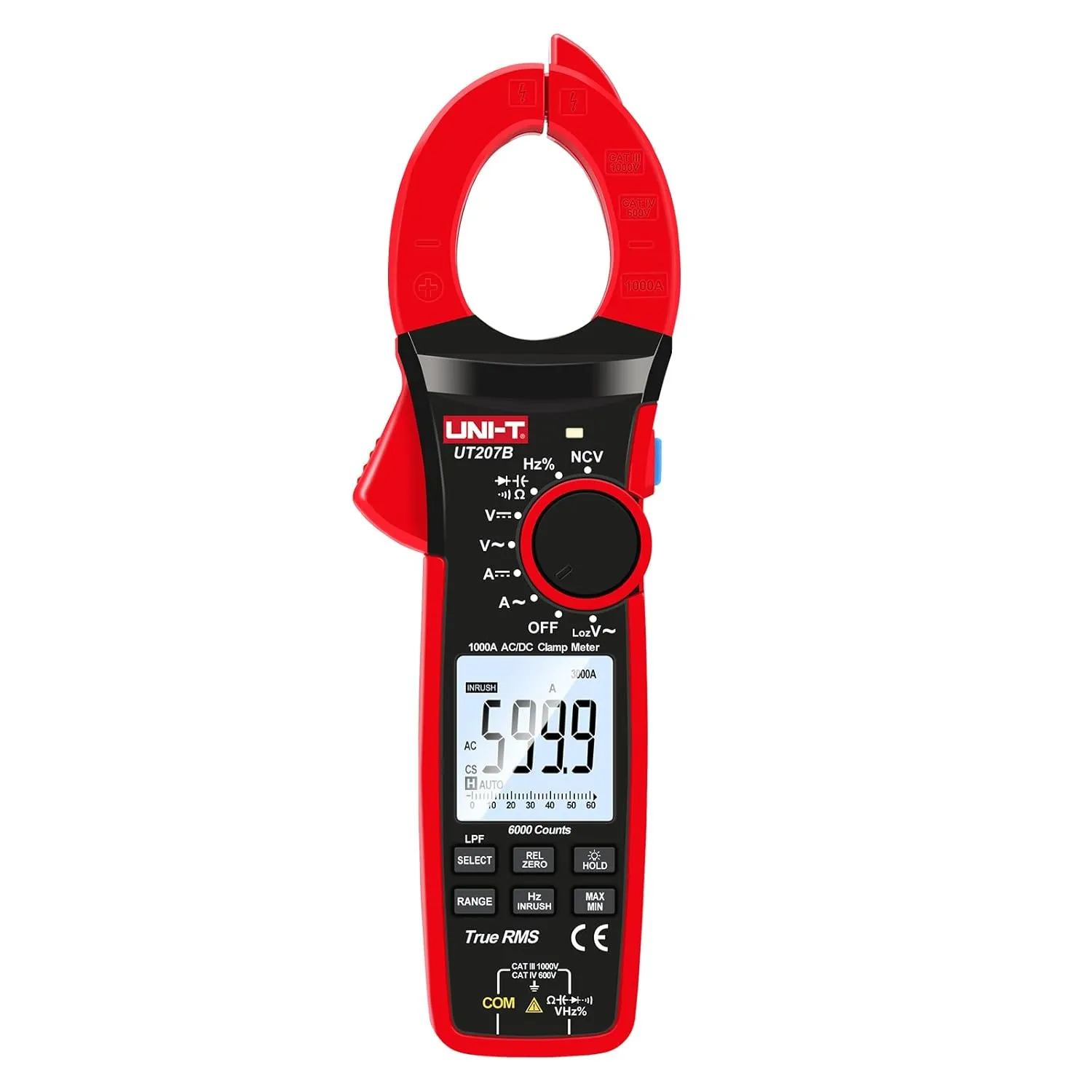UNI-T Digital Clamp Meter UT207B Inrush Current AC/DC 1000A True RMS HVAC Volt Amp Ohm Meter Clamp On Multimeter Auto Ranging 6000 Counts, Frequency AC DC Voltage LPF ACV Capacitance Duty Cycle Tester