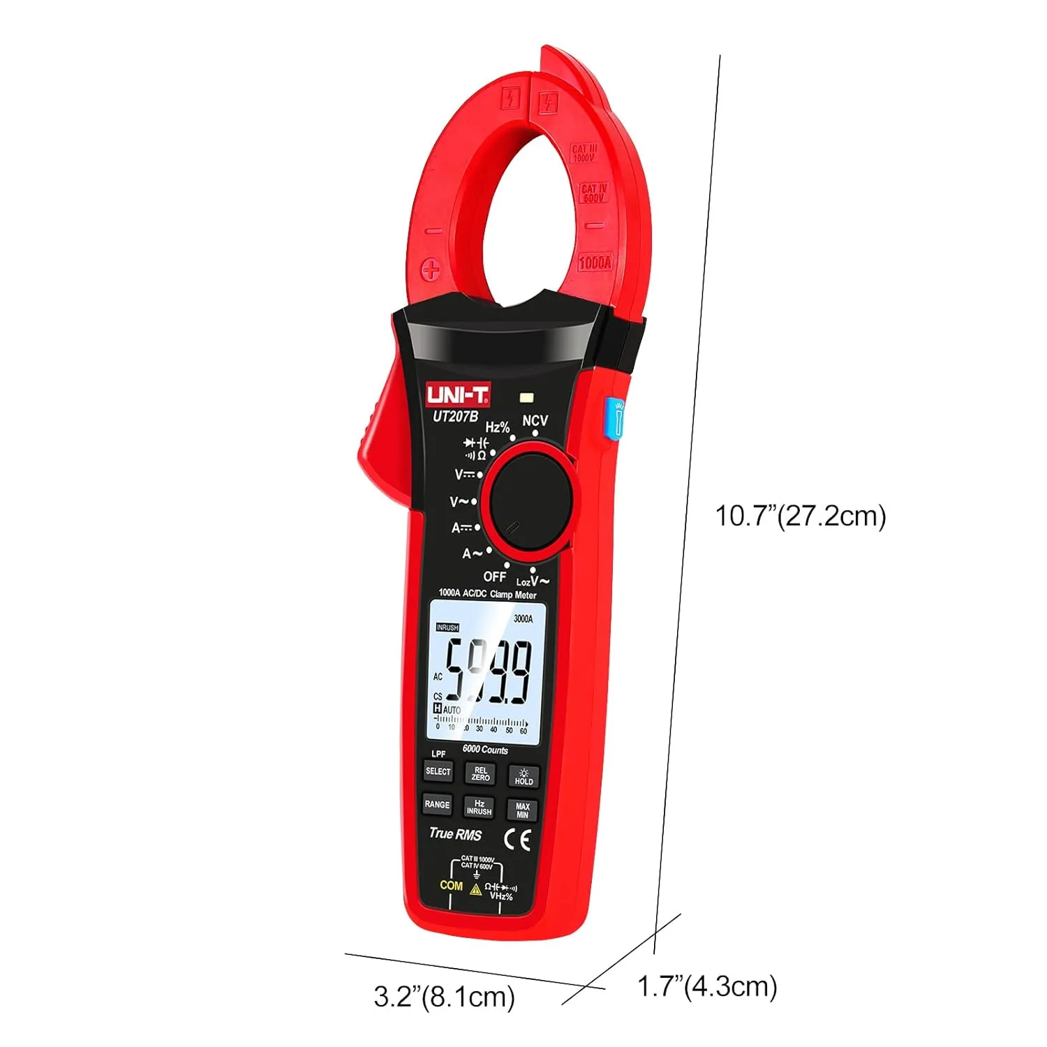 UNI-T Digital Clamp Meter UT207B Inrush Current AC/DC 1000A True RMS HVAC Volt Amp Ohm Meter Clamp On Multimeter Auto Ranging 6000 Counts, Frequency AC DC Voltage LPF ACV Capacitance Duty Cycle Tester