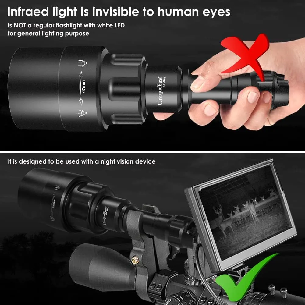 UniqueFire 1605 940nm IR Illuminator Flashlight Lights for Night Vision Zoomable Infrared Flashlight Illuminator with Dual Control Remote Pressure Switch, USB Charger and Scope Mount Set