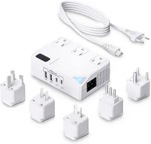 Universal 100V-220V Travel Converter，250W Voltage Converter with 2 USB and 2 USB-C Charging Ports and 3 AC Plugs for curlers, straighteners, Included Plugs are Type A, C, D, G, I, L