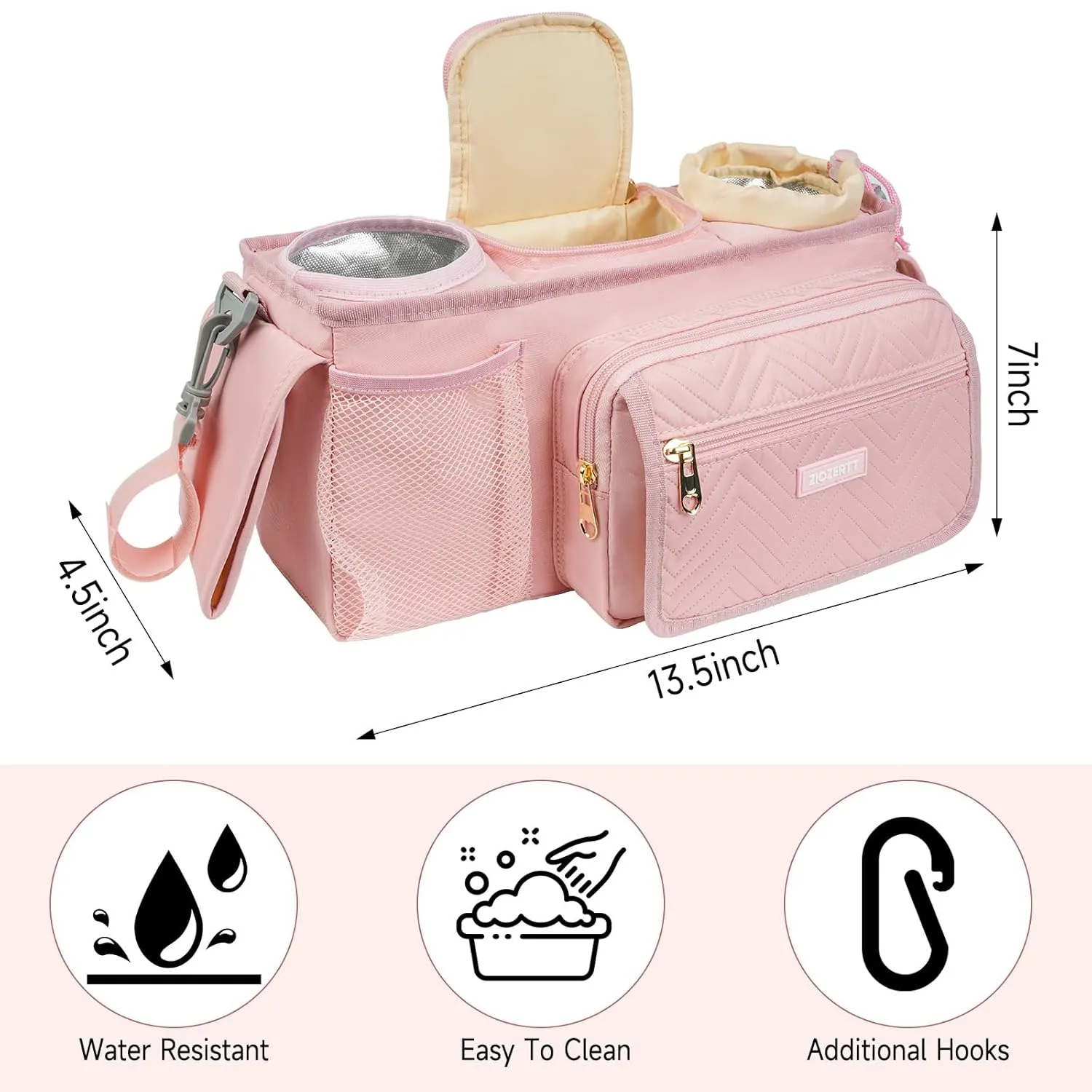 Universal Stroller Organizer with Insulated Cup Holder,Stroller Caddy Bag with Wet Wipes Pocket,Stroller Accessories Fits for Uppababy,Doona,Jogger,Britax,Mompush,BoB Strollers,Pink