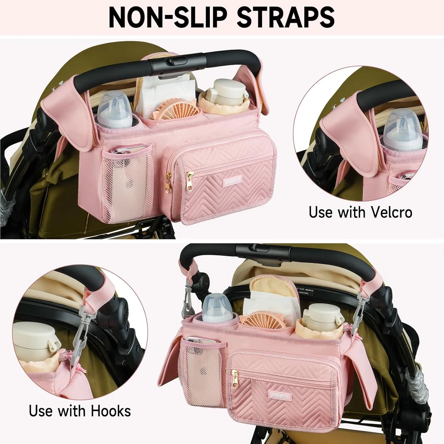 Universal Stroller Organizer with Insulated Cup Holder,Stroller Caddy Bag with Wet Wipes Pocket,Stroller Accessories Fits for Uppababy,Doona,Jogger,Britax,Mompush,BoB Strollers,Pink