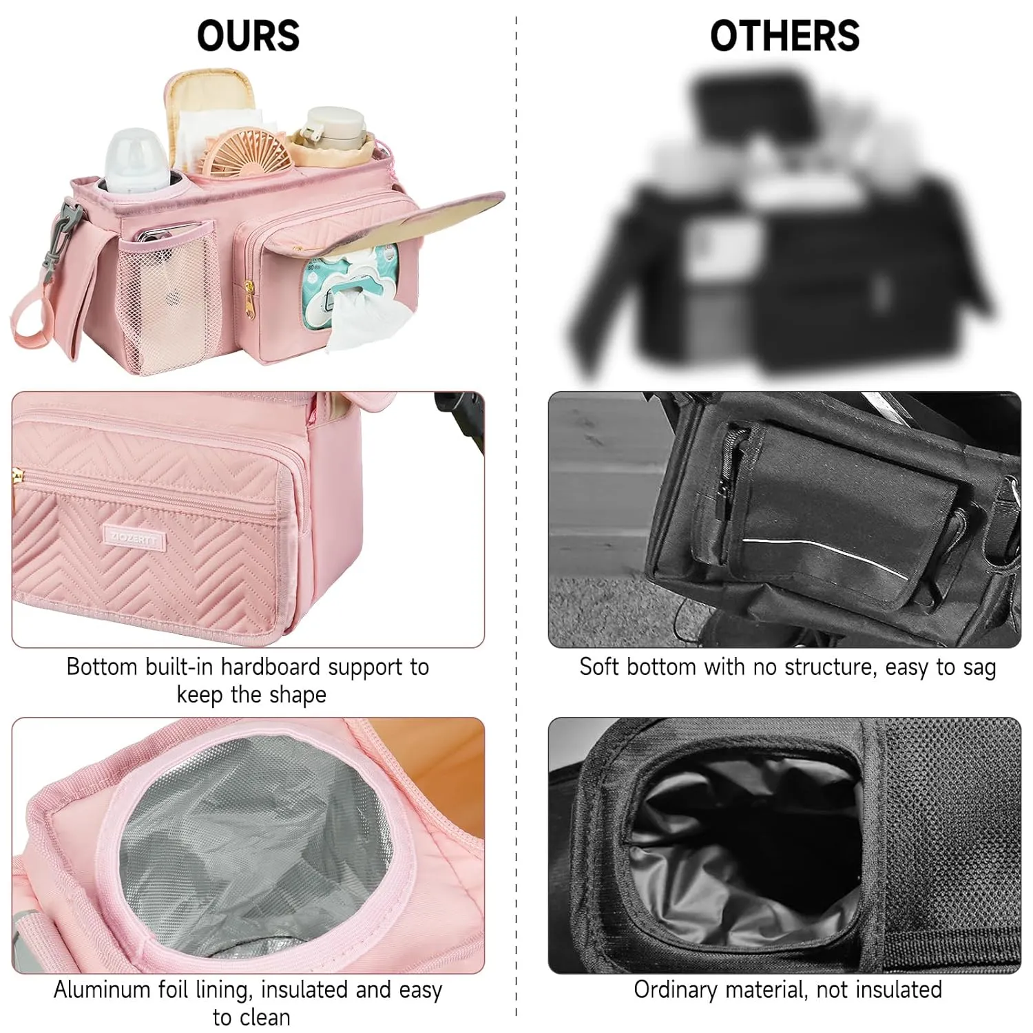 Universal Stroller Organizer with Insulated Cup Holder,Stroller Caddy Bag with Wet Wipes Pocket,Stroller Accessories Fits for Uppababy,Doona,Jogger,Britax,Mompush,BoB Strollers,Pink
