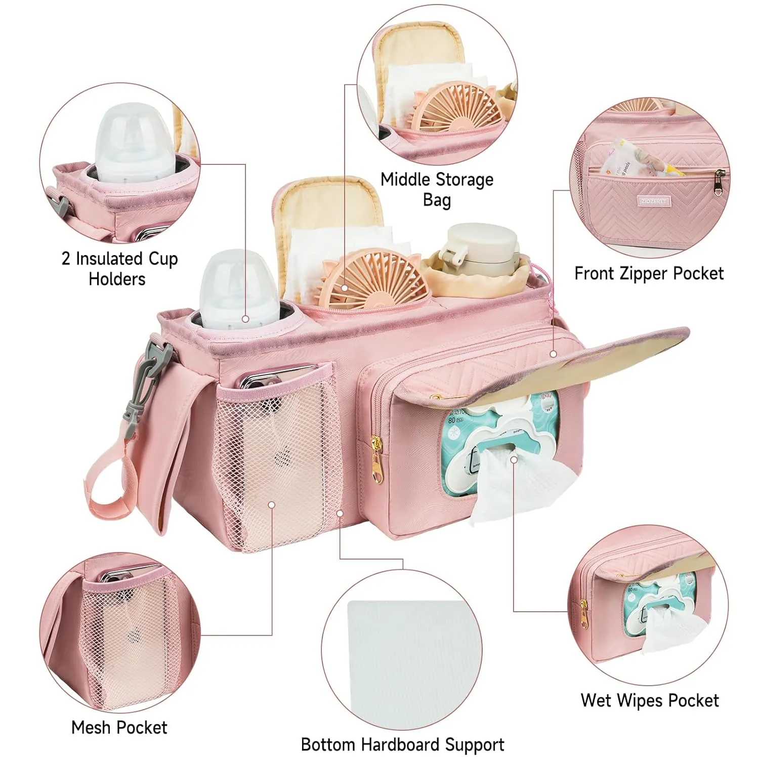 Universal Stroller Organizer with Insulated Cup Holder,Stroller Caddy Bag with Wet Wipes Pocket,Stroller Accessories Fits for Uppababy,Doona,Jogger,Britax,Mompush,BoB Strollers,Pink