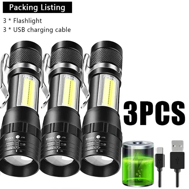 USB Rechargeable Mini Flashlight COB XPE - Portable Built-in Battery, Zoomable Small Torch with 3 Modes for Camping and Emergency