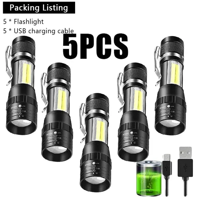 USB Rechargeable Mini Flashlight COB XPE - Portable Built-in Battery, Zoomable Small Torch with 3 Modes for Camping and Emergency
