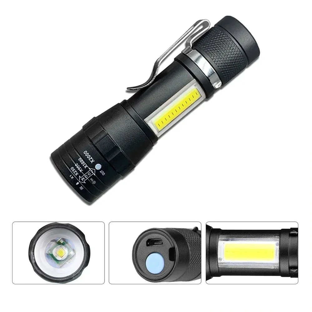 USB Rechargeable Mini Flashlight COB XPE - Portable Built-in Battery, Zoomable Small Torch with 3 Modes for Camping and Emergency