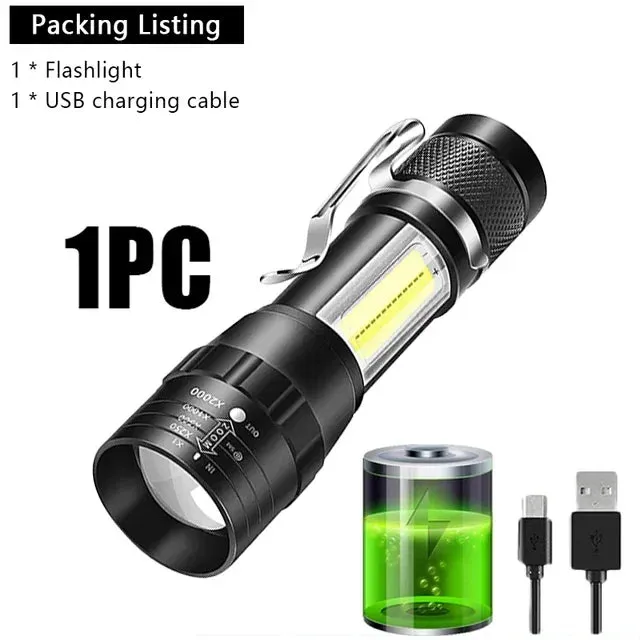 USB Rechargeable Mini Flashlight COB XPE - Portable Built-in Battery, Zoomable Small Torch with 3 Modes for Camping and Emergency