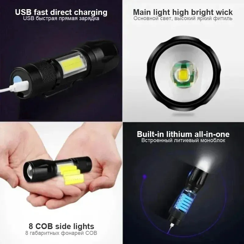 USB Rechargeable Mini Flashlight COB XPE - Portable Built-in Battery, Zoomable Small Torch with 3 Modes for Camping and Emergency
