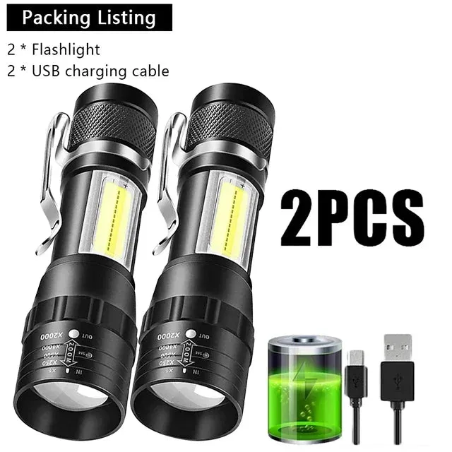 USB Rechargeable Mini Flashlight COB XPE - Portable Built-in Battery, Zoomable Small Torch with 3 Modes for Camping and Emergency