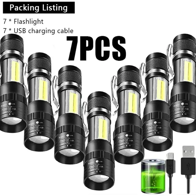 USB Rechargeable Mini Flashlight COB XPE - Portable Built-in Battery, Zoomable Small Torch with 3 Modes for Camping and Emergency