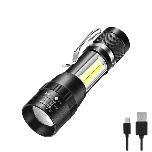 USB Rechargeable Mini Flashlight COB XPE - Portable Built-in Battery, Zoomable Small Torch with 3 Modes for Camping and Emergency