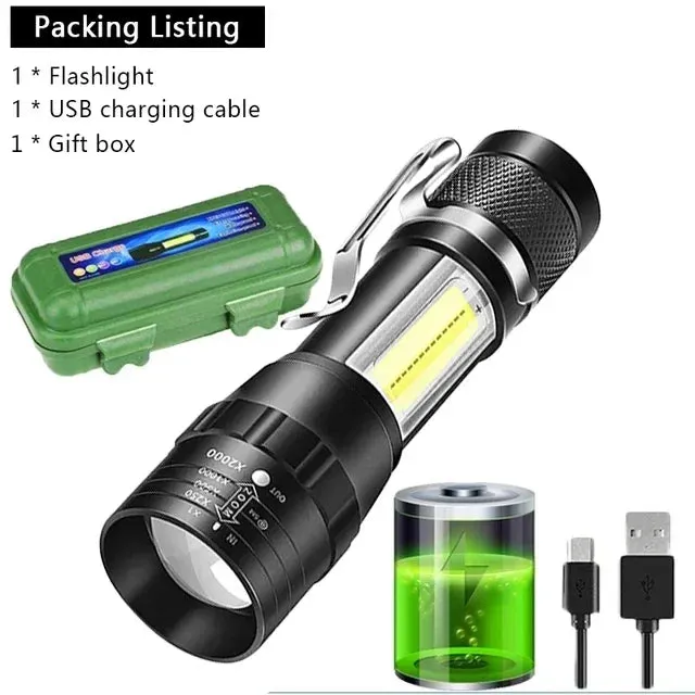USB Rechargeable Mini Flashlight COB XPE - Portable Built-in Battery, Zoomable Small Torch with 3 Modes for Camping and Emergency