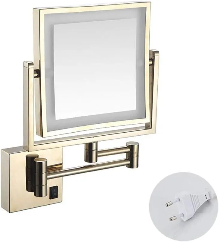 Vanity Mirror Magnifying Lighted Makeup Mirror 3X Magnification Two-Sided Square Retractable Chrome Finish with Drilling Or Without Drilling