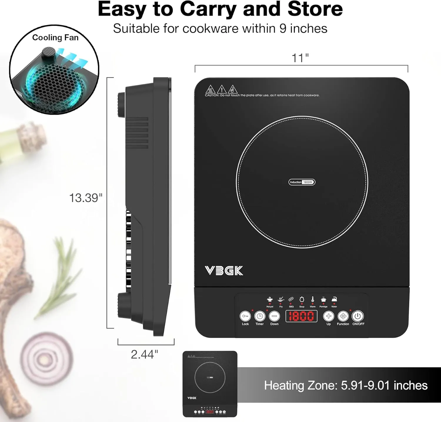VBGK Portable induction Cooktop,110V Single Burner Induction Stove Top,1800W Induction Hot Plate Electric Burner,7 Power Levels, Kids Lock & Timer,LED touch control,Overheat Protection