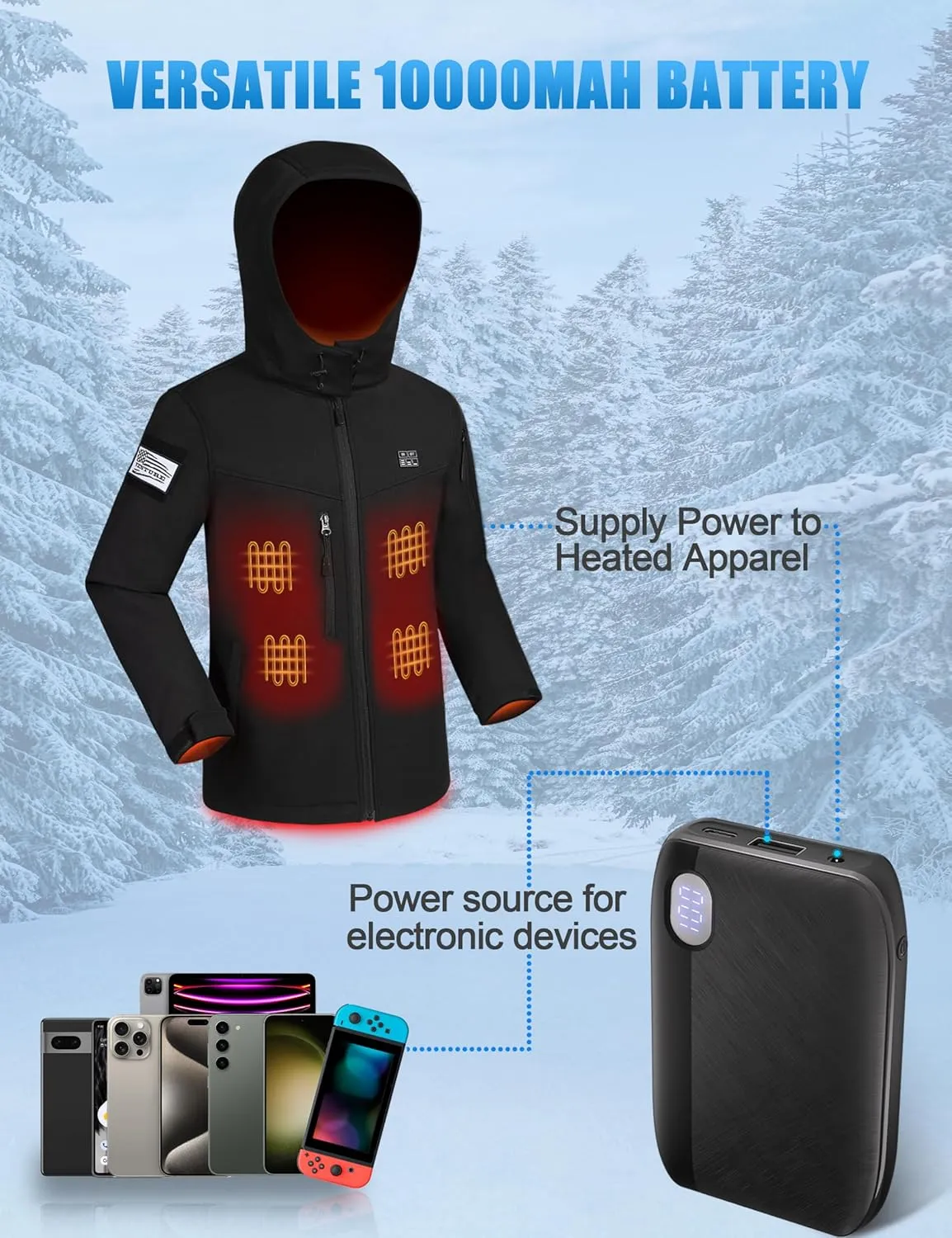 Vencede Womens Heated Jacket with 10000mAh Battery Pack, Soft Shell Heated Jacket for Women with Detachable Hood