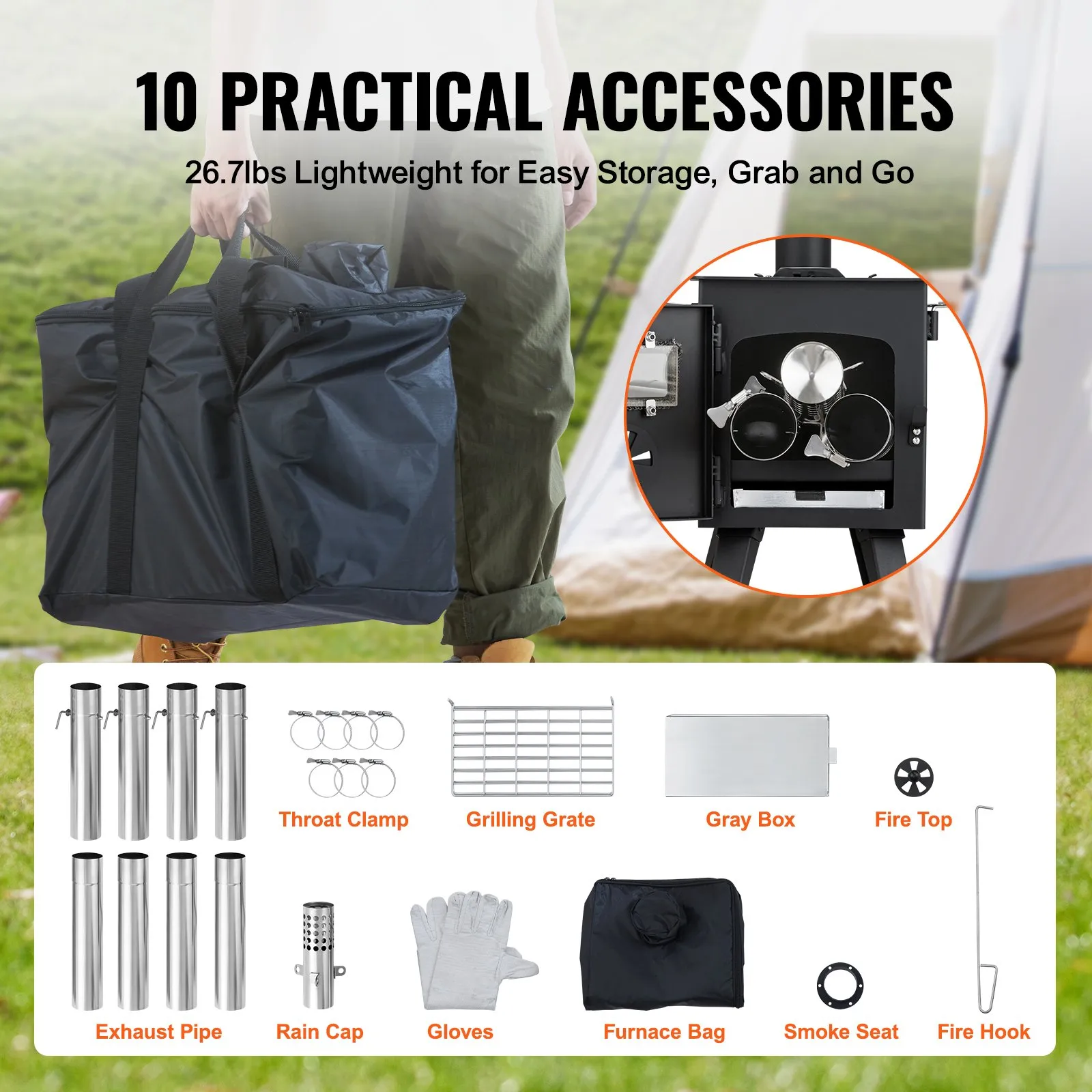 VEVOR Wood Stove, 86 inch, Alloy Steel Camping Tent Stove