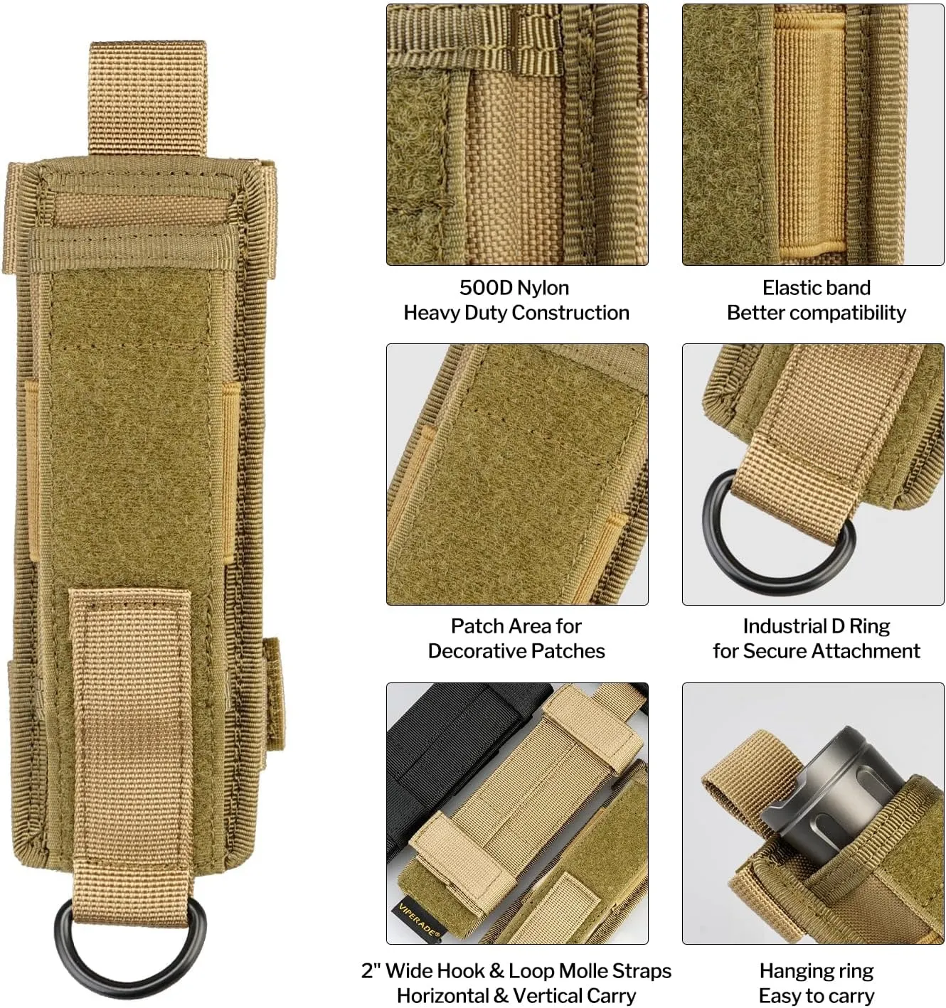VIPERADE Tactical Flashlight Holster, Molle Flashlight Holder for Belt, Flashlight Pouch, Open Top Flashlight Holder for Vertical & Horizontal Carrying