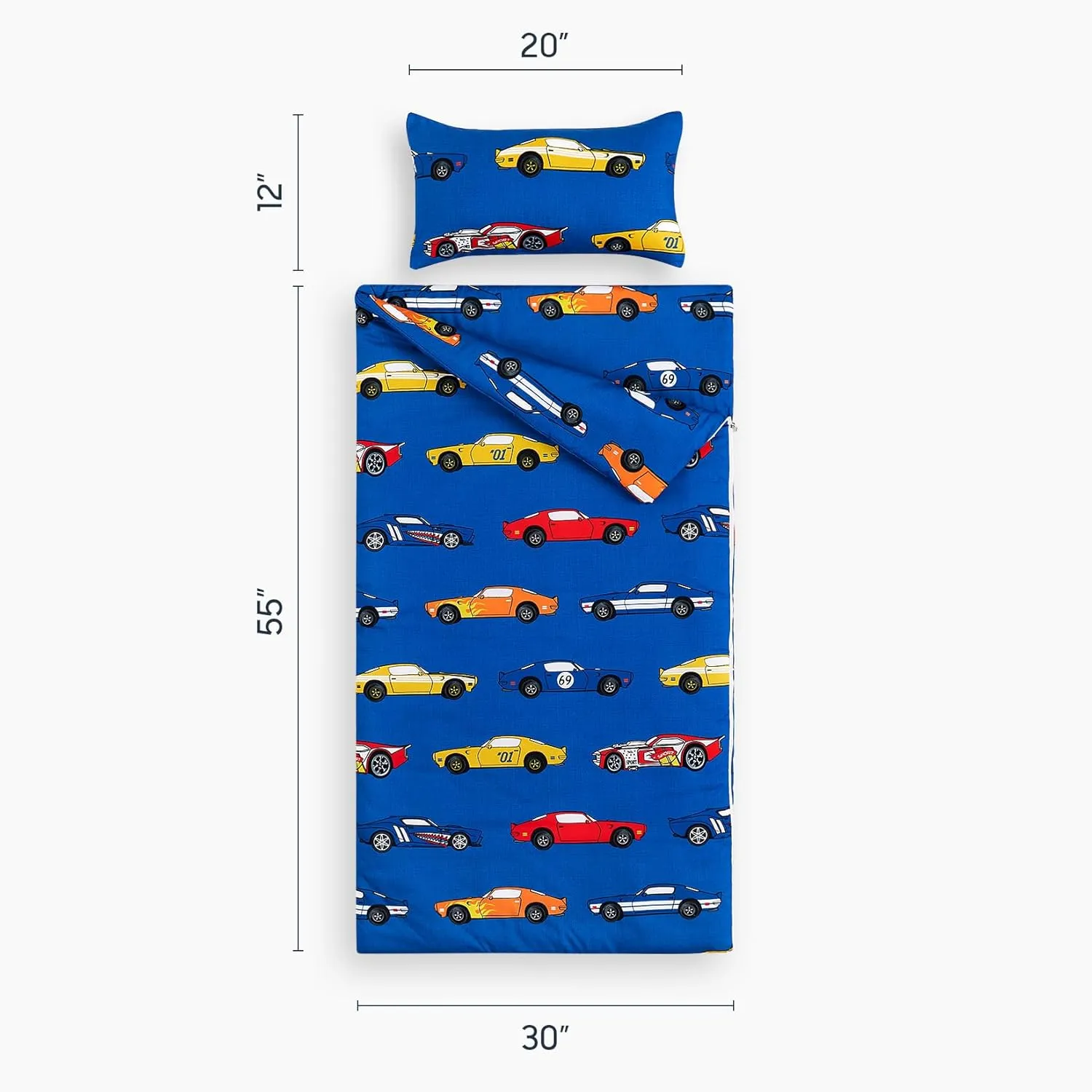 Wake In Cloud - Sleeping Bag for Kids Toddlers Boys, Portable Compact Lightweight Backpacking Nap Mat with Pillow and Blanket, Blue with Sports Race Cars, 55" x 30"