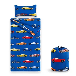 Wake In Cloud - Sleeping Bag for Kids Toddlers Boys, Portable Compact Lightweight Backpacking Nap Mat with Pillow and Blanket, Blue with Sports Race Cars, 55" x 30"