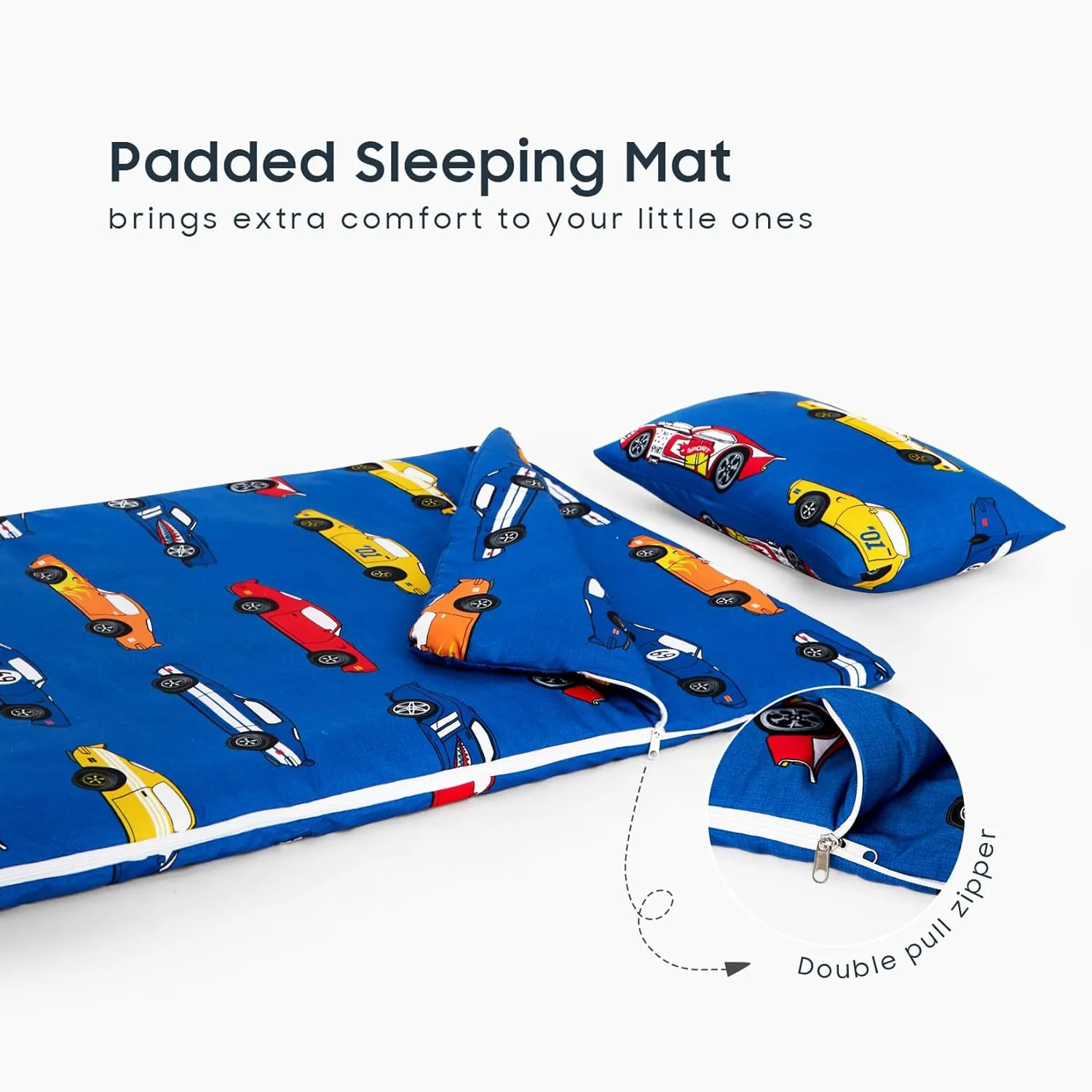 Wake In Cloud - Sleeping Bag for Kids Toddlers Boys, Portable Compact Lightweight Backpacking Nap Mat with Pillow and Blanket, Blue with Sports Race Cars, 55" x 30"