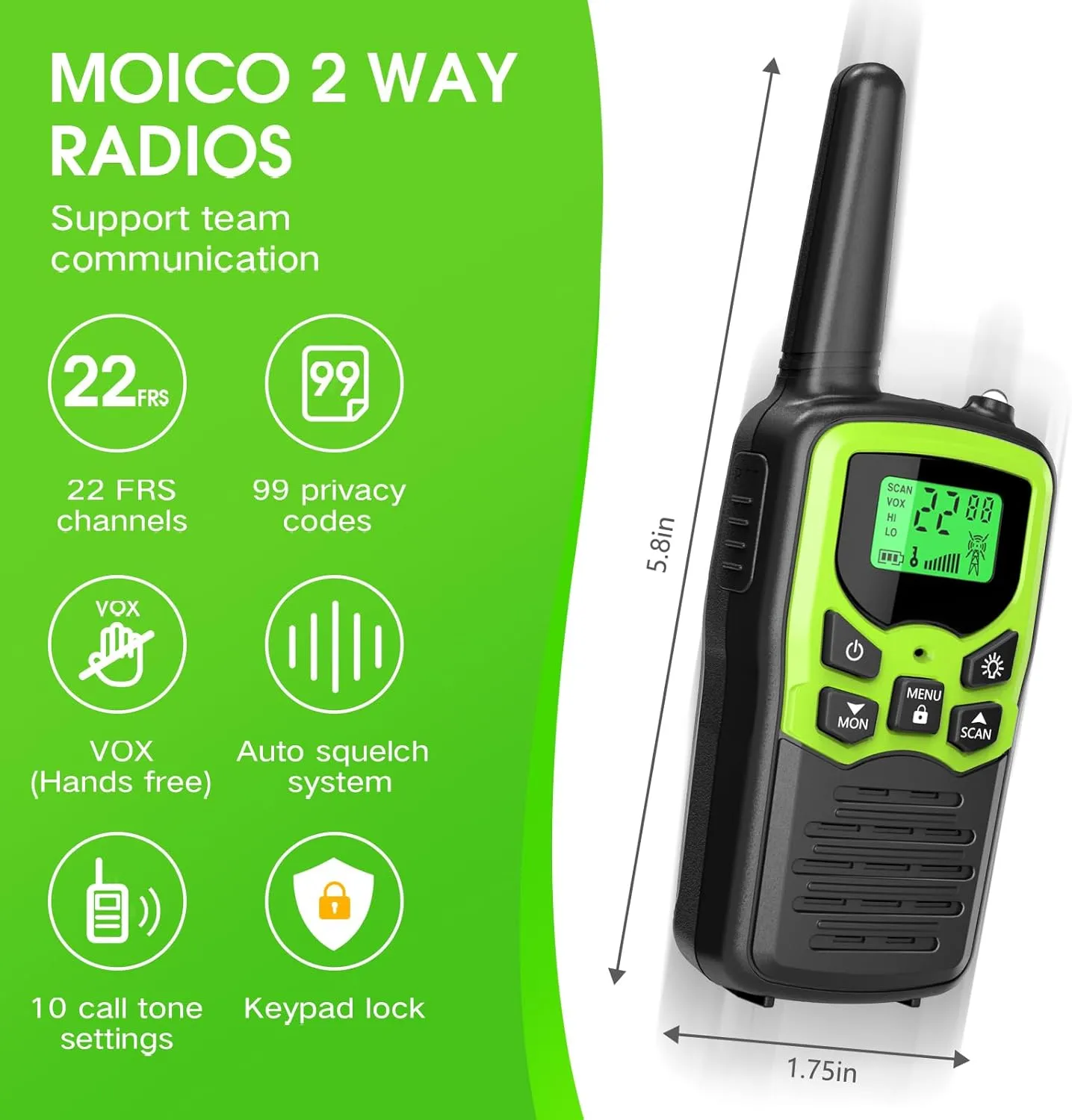 Walkie Talkies,MOICO Long Range Walkie Talkies for Adults Two-Way Radios with 22 Channels FRS VOX Scan LCD Display with LED Flashlight for Field, Survival Biking Hiking Camping 2 Pack (Green)