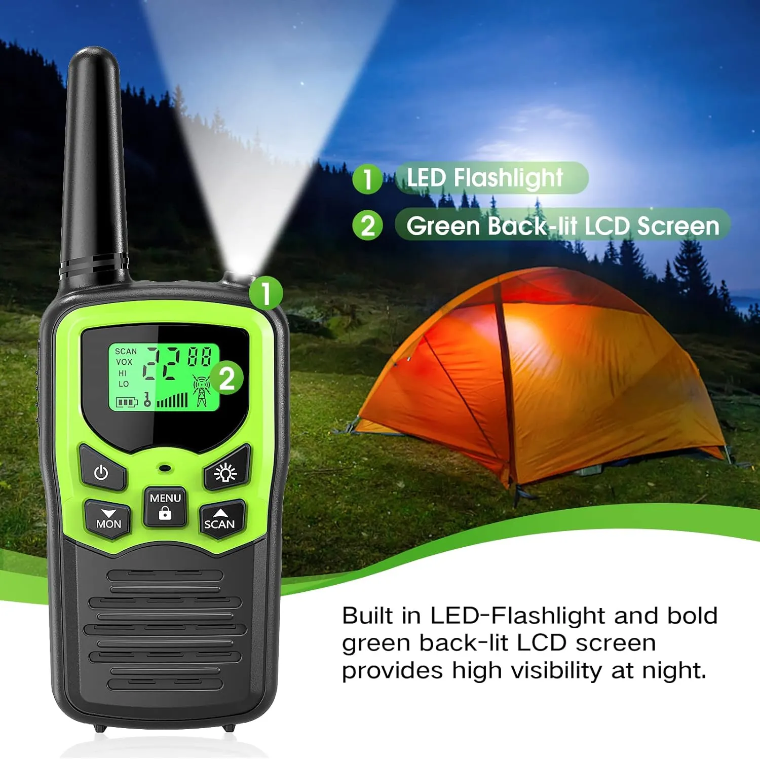 Walkie Talkies,MOICO Long Range Walkie Talkies for Adults Two-Way Radios with 22 Channels FRS VOX Scan LCD Display with LED Flashlight for Field, Survival Biking Hiking Camping 2 Pack (Green)