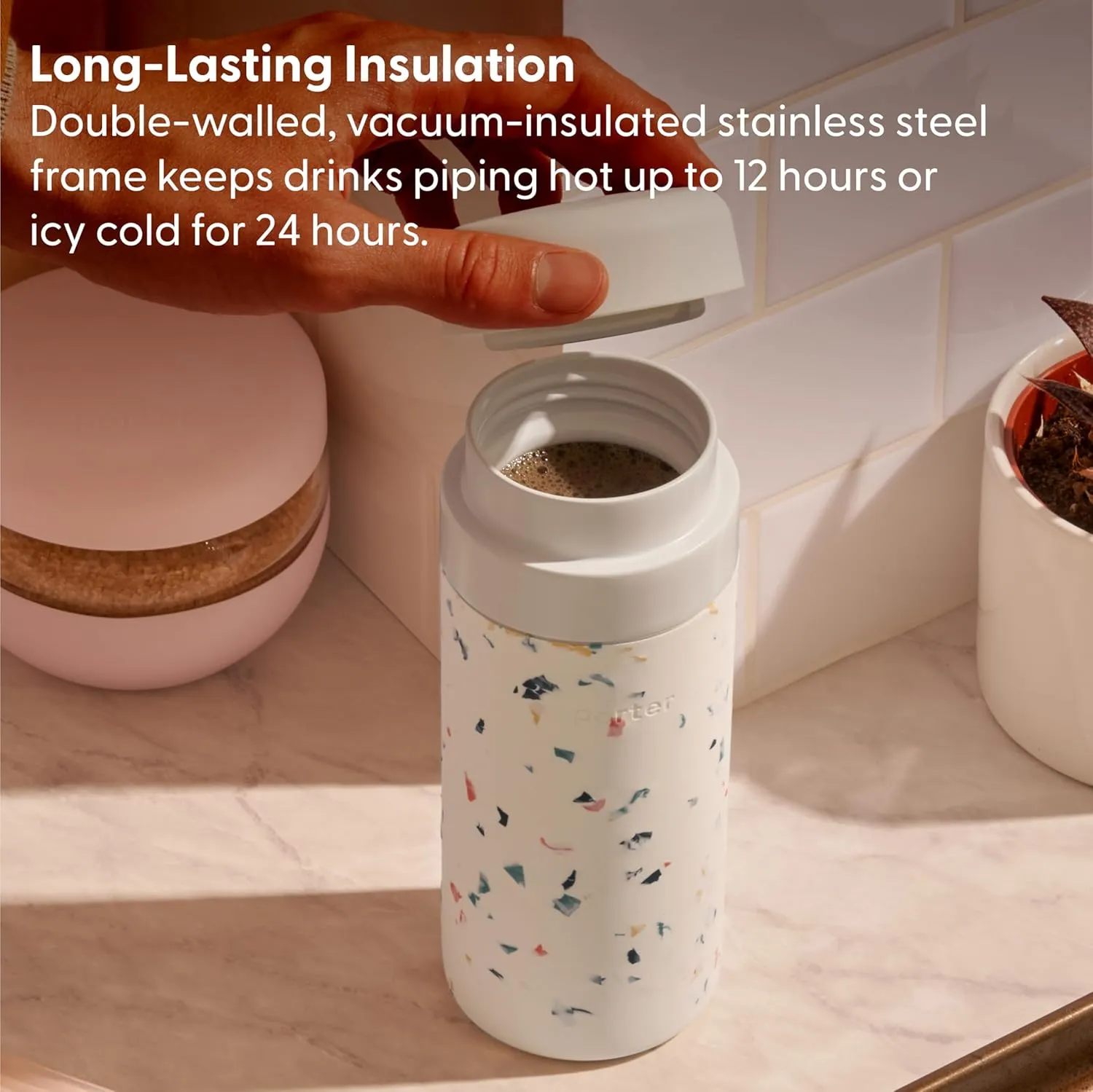W&P Porter Insulated Bottle 16 oz | Clean Taste Ceramic Coating for Water, Coffee, & Tea | Wide Mouth Vacuum Insulated | Dishwasher Safe, Cream Terrazzo