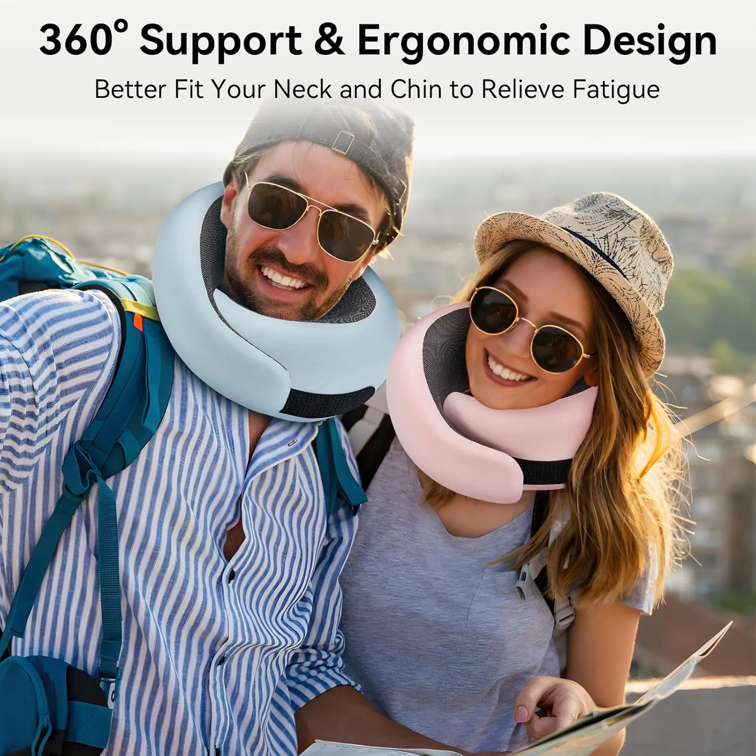 WANDER PLUS® Genuine Travel Pillow, 100% Pure Memory Foam Neck Pillow for Airplanes, Comfortable Breathable Cover, 360° Support Stowable Pillows for Sleeping, Car, Airport Travel Essentials Pink