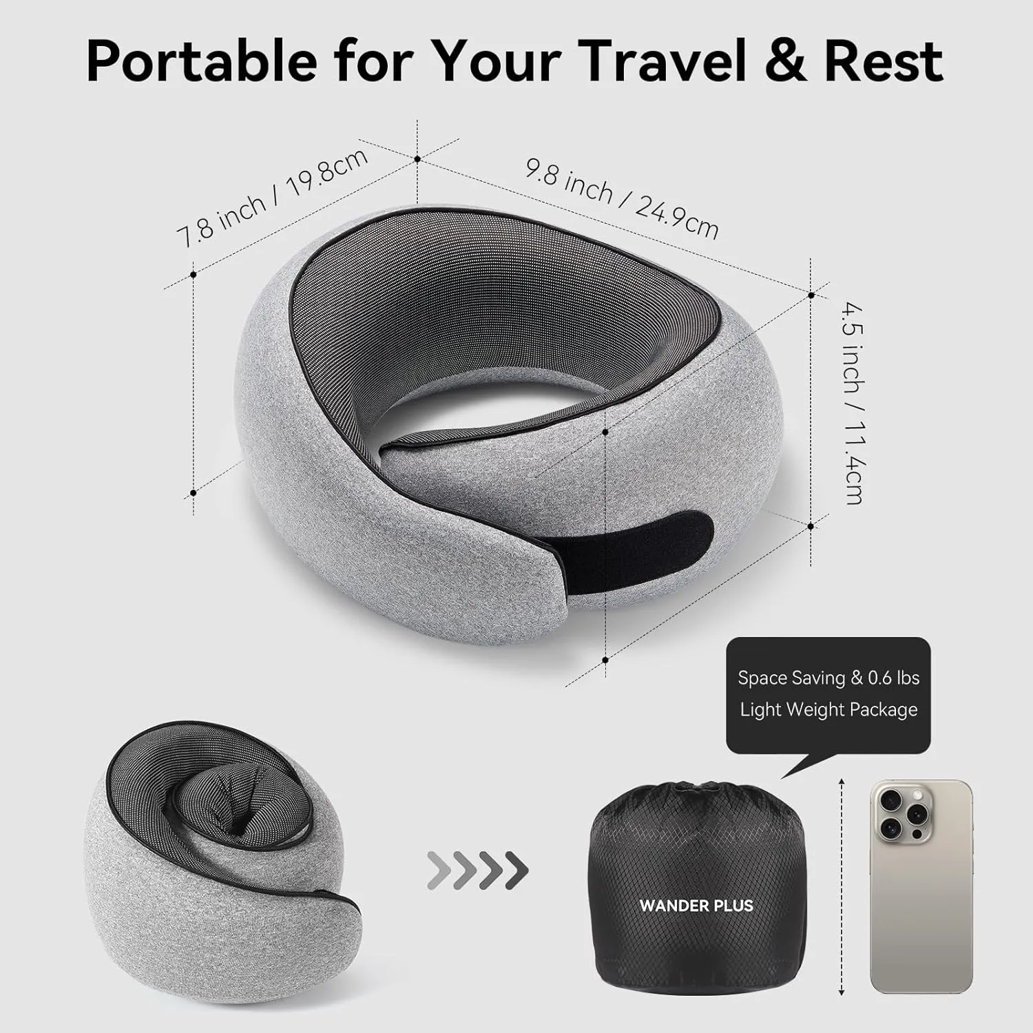 WANDER PLUS® Genuine Travel Pillow, 100% Pure Memory Foam Neck Pillow for Airplanes, Comfortable Breathable Cover, 360° Support Stowable Pillows for Sleeping, Car, Airport Travel Essentials Pink