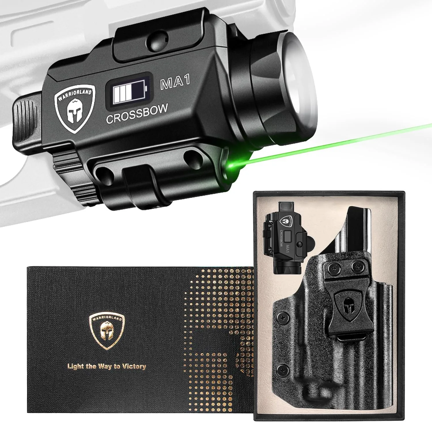 WARRIORLAND MA1 Laser Light Combo Holster Fit for S&W M&P 9 M2.0/M1.0 Compact 4.0'' Barrel, 800-lumen LED Gun Flashlight Green Laser Weapon Pistol Light & IWB Holster, Rechargeable| Power Indicator