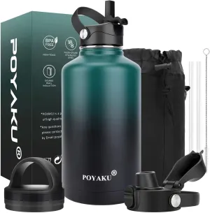 Water Bottle Insulated 32oz 40oz 64oz 128oz Straw Lid Spout Lid & 3 Lids, Leak Proof, Vacuum Insulated,Stainless Steel Water Bottle Wide Mouth for Sports, Gym or Office