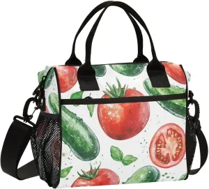 Watercolor Tomatoes Cucumbers Lunch Bag Reusable Lunch Box for Office Picnic Hiking Beach, Insulated Cooler Tote Food Container with Adjustable Shoulder Strap for Men Women Adults