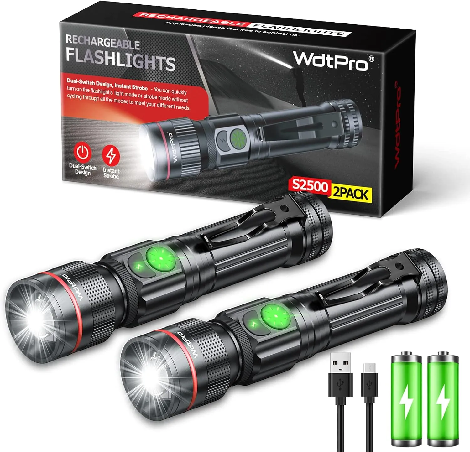 WdtPro Rechargeable Flashlight Dual Switch, 1200 Lumens Super Bright LED Flashlight, 5 Modes Zoomable, 12H Long-Lasting, IP65 Waterproof Tactical Flashlight with Clip for Home Emergency Camping Hiking