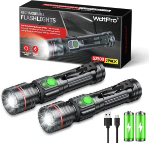 WdtPro Rechargeable Flashlight Dual Switch, 1200 Lumens Super Bright LED Flashlight, 5 Modes Zoomable, 12H Long-Lasting, IP65 Waterproof Tactical Flashlight with Clip for Home Emergency Camping Hiking